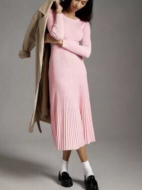 Anthropologie Long-Sleeve Ribbed Sweater Midi Dress Pink Medium NWT NEW